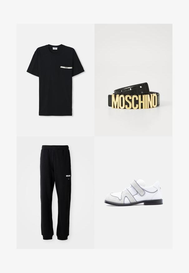 Mustmust värvi puuvillane T-särk lühikeste varrukatega, ümmargune kaelus ning vasakul pool tasku, millel on valge triip ja logo detail.; Mustad mustad, lõdva lõikega, pehmest kangast. Omab elastset vöökohta ja valget "Moschino" logo vasakul reiel.; Valge nahast ja halli seemisnahast kleitking musta tallaga ning ühe laia takjakinnitusega küljel.; Must mustriba mustriba krokodilli tekstuuriga must nahk mõõk ja suur kullast "MOSCHINO" logo nagu kinnituse. Omab mitmeid reguleerimise auke.