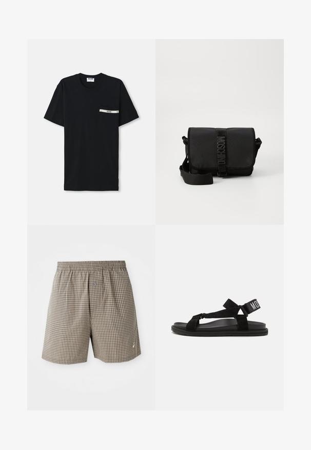 Sort bomulds T-shirt med korte ærmer, rund halsudskæring og en venstre lomme med en hvid stribe og logo detalje.; Brune ternede shorts med elastisk talje, sidelommer og en lille logo-detail nær kanten. Letvægtsstof.; Sorte sandaler lavet af ruskind og gummi, med krydsede stropper og en bred justerbar ankelrem med ordet "MOSS" i hvidt.; Sort nylon crossbody taske med en klap, prydet med en fremtrædende logo-rem lukning, justerbar rem og sidelægninger.