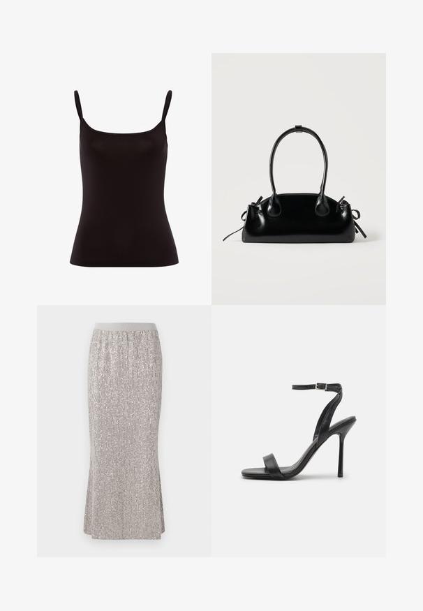 Sorte camisole-top med tynde stropper, lavet af glat stof. Har en tætsiddende design og en rund halsudskæring, uden mønstre eller dekorationer.; Knælang sølvfarvet nederdel med pailletten, der har en tætsiddende talje og vertikale shimmer-mønstre samt sideslids for nem bevægelse.; Sort højhælet sandal med en slank ankelrem og to forreste bånd. Lavet af glat læder med en slank spids tå og stilettohæl.; Lille sort blank håndtaske med to lange håndtag og snøre-detaljer i siden på en ensfarvet lys baggrund.