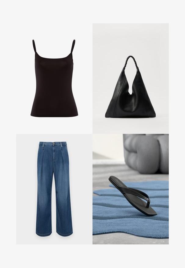 Sorte camisole-top med tynde stropper, lavet af glat stof. Har en tætsiddende design og en rund halsudskæring, uden mønstre eller dekorationer.; Bredde denimbukser i mellemblå vask. Har en knaplukning, to for-pleats og kontrasterende syninger. Blød tekstur og glat finish.; En enkelt sort klipklap sandal liggende på en tekstureret blå måtte, med en sløret rund sofa i baggrunden.; Sort lædertaske med en unik V-formet åbning, featuring et flettet håndtag og en struktureret overflade. Minimalistisk design med bløde kurver.