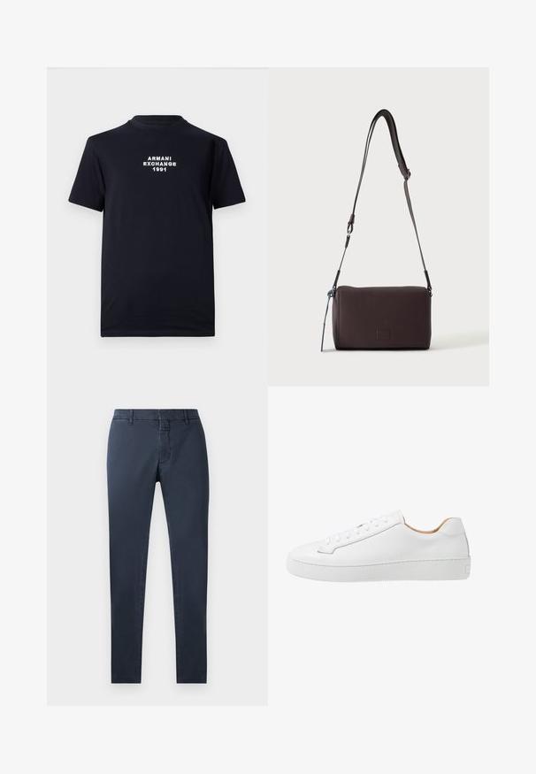 Musta puuvillapaita, jossa on pyöreä pääntie ja lyhyet hihat. Keskellä on valkoisella brodeerattuna teksti "ARMANI EXCHANGE 1991".; Tummansiniset housut, joissa on slim fit -leikkaus, valmistettu puuvillasekoitekankaasta. Varusteena on normaali vyötärö, etuvetoketju ja sivutaskut.; Valkoinen nahkainen lenkkari, jossa on sileä pinta, pyöreä kärki, tasainen nauhakäyttöinen malli ja paksu kumipohja, jossa on teksturoitu pito kuvio.; Tummanruskea, teksturoitu nahkainen olkalaukku, jossa säädettävä hihna ja pieni koristeellinen sininen yksityiskohta sivulla.