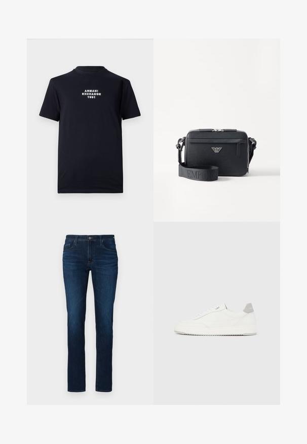 Zwarte katoenen t-shirt met een ronde halslijn en korte mouwen. Witte geborduurde tekst met "ARMANI EXCHANGE 1991" in het midden.; Donkerblauwe denim spijkerbroek met een rechte pijp, uitgerust met een standaard knoop- en ritsluiting, vijf zakken en een lichte vervaging.; Witte lage sneaker met grijze hielpatch, witte veters en een gestructureerde zool, gepresenteerd op een effen lichte achtergrond.; Zwarte crossbody tas gemaakt van gestructureerd materiaal. Beschikt over een ritssluiting, een voorzak met rits en een metalen logoaccent. Inclusief verstelbare schouderband.
