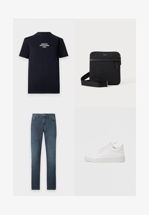 Sort bomulds T-shirt med rund halsudskæring og korte ærmer. Hvid broderet tekst med "ARMANI EXCHANGE 1991" står centralt.; Mørkeblå denimjeans med lige ben, fem lommer, knaplukning foran og subtile syningsdetaljer.; Hvid lædersneaker med rundet tå, flad sål og snørebånd foran. Har syningsdetaljer og polstret krave for komfort.; Sort firkantet skuldertaske med lynlås, frontlomme og justerbar rem med præget brandnavn.