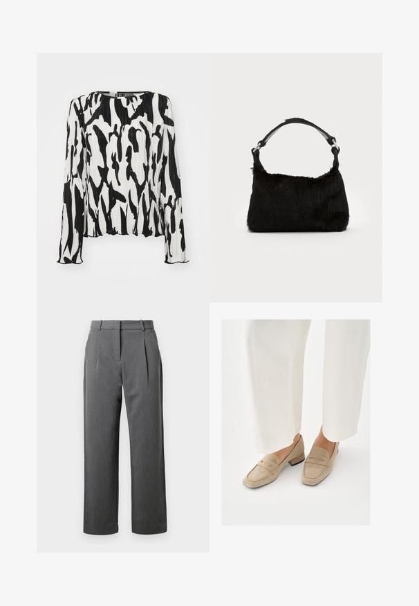 Haut plissé noir et blanc à manches longues, décolleté rond et motif abstrait. Fabriqué en tissu léger avec une finition texturée.; Pantalon gris plissé avec une coupe ajustée, fabriqué à partir d'un tissu texturé. Caractéristiques d'une taille avec passants et de jambes droites.; Mocassins en daim beige avec un petit talon, présentant un design cousu et un bout arrondi. Portés avec un pantalon blanc à jambes larges.; Sac à main en fausse fourrure noire avec une texture douce, une forme arrondie et une bandoulière en cuir noir robuste. Accent en métal argenté visible.