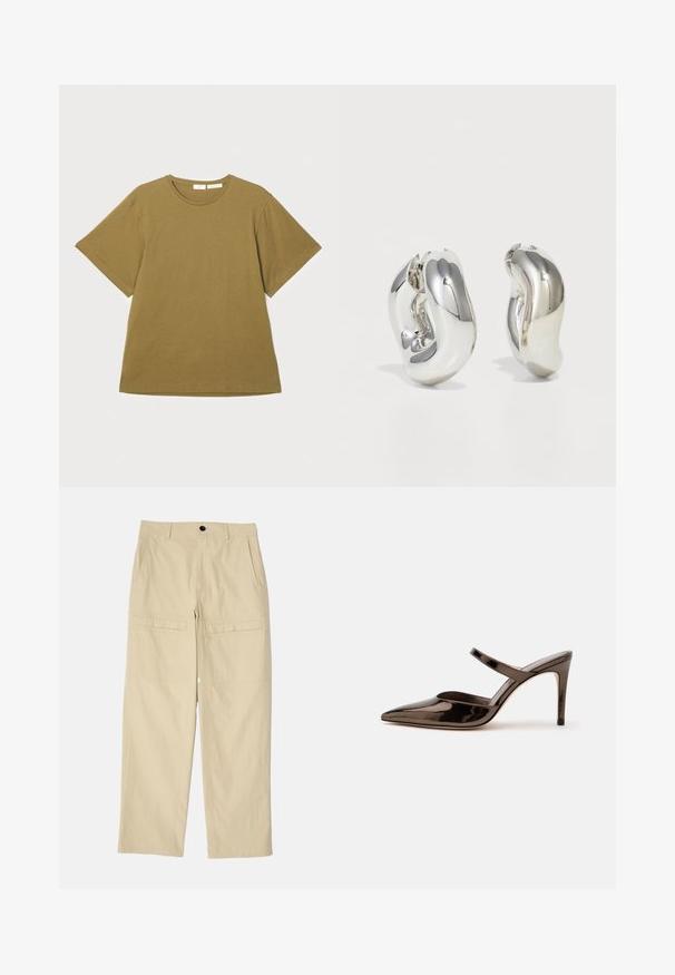 T-shirt vert olive à manches courtes en tissu doux, avec un col rond et une coupe décontractée, présenté sur un fond blanc.; Pantalons larges beiges en coton. Comprend deux poches avant, deux poches arrière et une fermeture à bouton unique à la taille.; Mule à talon haut marron foncé brillant à bout pointu avec une fine bride sur le coup de pied sur fond blanc uni.; Boucles d'oreilles sculpturales en argent avec des formes douces et courbes et des surfaces réfléchissantes. Présentent un design de boucle fermée et une forme organique distincte.