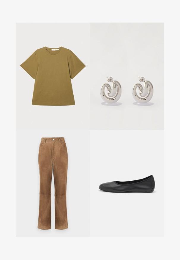 T-shirt vert olive à manches courtes en tissu doux, avec un col rond et une coupe décontractée, présenté sur un fond blanc.; Pantalons évasés en suede marron avec un design structuré, poches avant et texture lisse. Présente des boutons en métal à la taille et sur les coutures.; Ballerines en cuir noir avec un bout rond, texture lisse, détails de couture minimalistes et design de semelle flexible.; Boucles d'oreilles en métal argenté avec un design tourbillonnant, présentant des surfaces lisses et une finition polie, maintenues par un fermoir en papillon.