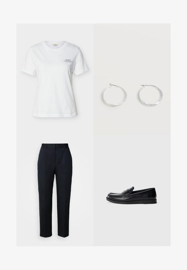 T-shirt blanc à manches courtes et col rond avec un petit texte noir "GANT American Sportswear New Haven" sur le côté gauche de la poitrine.; Pantalon bleu marine sur mesure avec passants de ceinture, plis devant et coupe droite, présenté sur un fond blanc.; Mocassins en cuir noir avec un design d'accent cousu, bout rond, semelle plate en caoutchouc et finition lisse. Silhouette classique et polyvalente.; Boucles d’oreilles créoles en métal argenté avec une surface lisse légèrement incurvée et des fermoirs à clapet sur un fond blanc uni.
