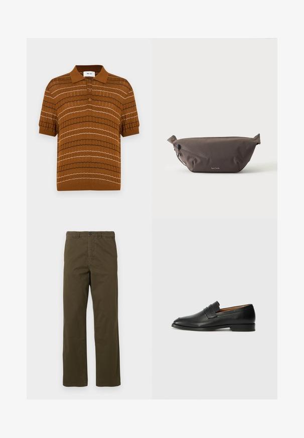 Polo en maille marron avec un motif de rayures horizontales alternées en crème et marron foncé, doté d'un col classique et d'une fermeture à trois boutons.; Pantalons en coton marron pour hommes, coupe droite, avec passants de ceinture, bouton frontal et fermeture éclair sur fond clair.; Mocassin en cuir noir avec un bout arrondi, des coutures subtiles et un talon bas, présentant une texture lisse et un design minimaliste.; Sac banane en tissu marron foncé avec poche zippée en diagonale et petit logo blanc sur le devant, sur un fond clair uni.