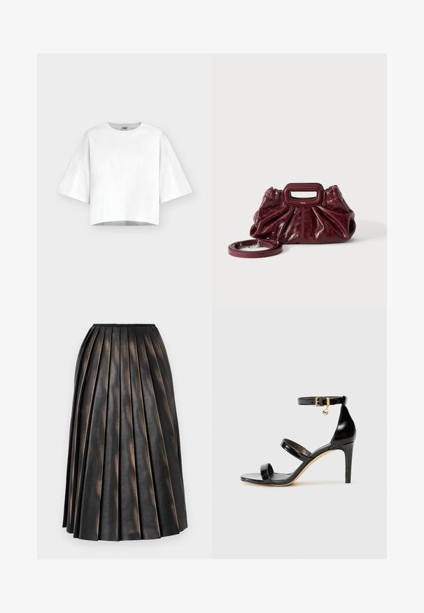 Crop top blanc oversize à manches courtes avec col rond, en tissu lisse, présenté sur un fond clair uni.; Jupe midi plissée noire avec une finition texturée légèrement brillante et un petit logo près de la ceinture.; Sandale en cuir verni noir avec trois brides, boucle de cheville et talon aiguille de 10 cm. Présente un détail en métal doré et un charm logo.; Petit sac à main en cuir rouge foncé avec texture froncée, poignée rectangulaire découpée pour la main et bandoulière détachable sur fond blanc.