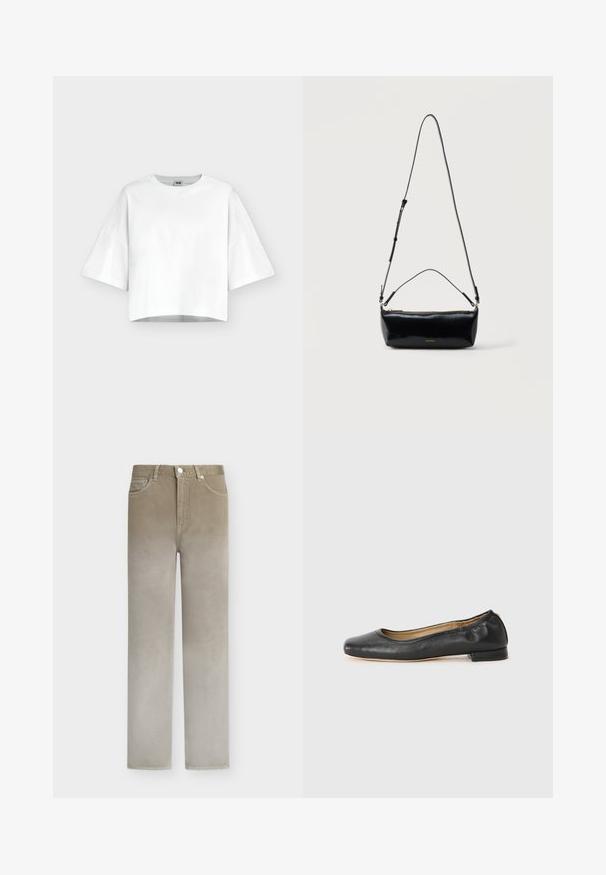 Crop top blanc oversize à manches courtes avec col rond, en tissu lisse, présenté sur un fond clair uni.; Jean beige droit avec fermeture bouton et zip, poches avant et passants pour ceinture, présenté sur un fond blanc uni.; Ballerines en cuir noir avec un bout arrondi et des coutures minimales. Talon bas et rectangulaire avec une texture lisse. Détails subtils de doublure intérieure.; Sac bandoulière rectangulaire en cuir noir avec bandoulière ajustable, fermeture éclair sur le dessus et petit logo Calvin Klein doré sur le devant.