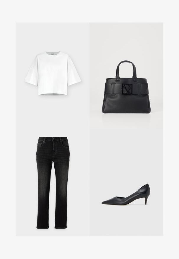 Crop top blanc oversize à manches courtes avec col rond, en tissu lisse, présenté sur un fond clair uni.; Jean noir droit avec un design classique à cinq poches et une fermeture par bouton sur un fond uni.; Escarpin en cuir noir avec un bout pointu et un talon bas. Présente une texture lisse et un éclat subtil. Découpe ouverte à l'avant pour un détail supplémentaire.; Sac fourre-tout en cuir noir avec une finition texturée, une large sangle avec un détail de boucle et un logo carré à l'avant. Deux poignées supérieures.