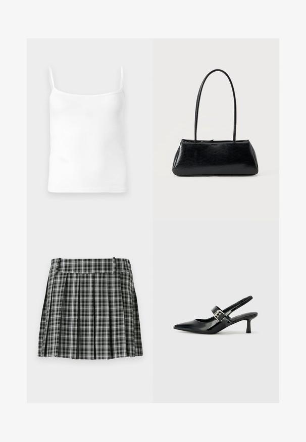 Top de tirantes finos blanco con canalé, escote redondeado y forma ajustada, hecho de una suave mezcla de algodón.; Falda plisada de cuadros en blanco y negro con una cintura suave y múltiples pliegues verticales. Fabricada en un tejido ligero.; Zapatos de tacón en charol negro con tira al tobillo, punta afilada y un pequeño tacón bloque, que cuentan con un acento de hebilla plateada en la correa.; Bolso de hombro rectangular negro con correas largas y delgadas y una textura lisa y brillante sobre un fondo liso.