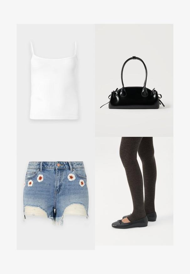 Top de tirantes finos blanco con canalé, escote redondeado y forma ajustada, hecho de una suave mezcla de algodón.; Shorts de mezclilla con dobladillo deshilachado, color azul claro, con bordados florales en blanco y marrón alrededor del frente. Diseño de cinco bolsillos.; Piernas con leggings oscuros acanalados combinados con bailarinas negras que presentan pequeños detalles de lazo sobre un fondo blanco.; Pequeño bolso negro brillante con dos asas largas y detalles de cordón lateral sobre un fondo claro liso.