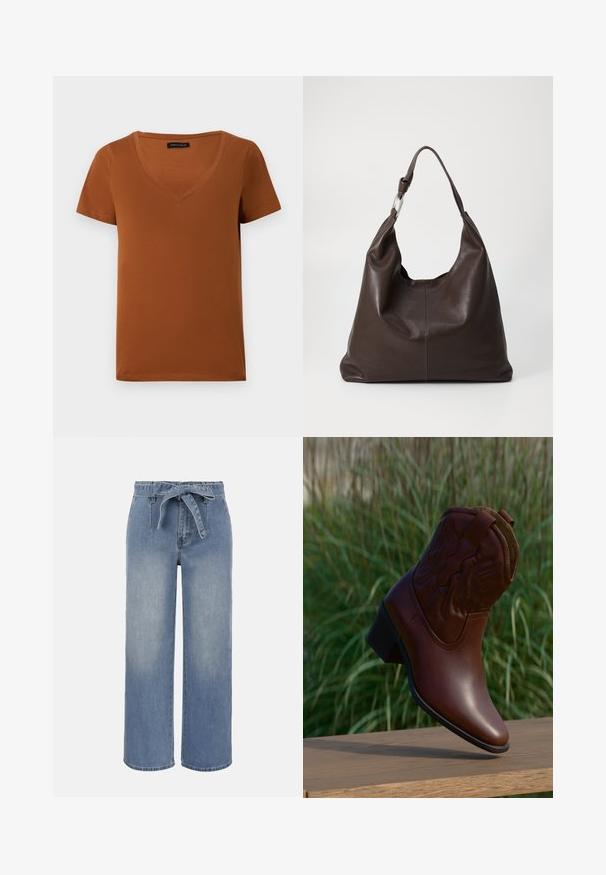 T-shirt en coton marron à manches courtes et col en V, avec un ourlet droit et une texture lisse, présenté sur un fond blanc uni.; Jean taille haute à jambes larges bleu clair avec ceinture en tissu nouée et poches avant, présentant un effet délavé légèrement estompé.; Botte de cowboy en cuir marron avec des coutures décoratives, inclinée vers le haut sur une surface en bois avec un arrière-plan flou d'herbe verte.; Zign by Zalando LEATHER - Cabas - chocolate brown