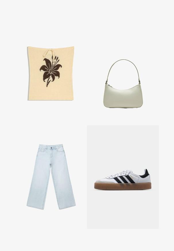 Top tube beige en tricot avec un grand motif floral marron foncé au centre et un cordon à nouer sur le bord supérieur.; Jean large en denim bleu clair avec poches avant, passants pour ceinture et fermeture par bouton.; Baskets en cuir blanc avec des rayures noires, semelle extérieure en caoutchouc beige, bout rond, fermeture lacée et embout en suède gris doux.; Sac hobo en cuir beige clair avec une silhouette incurvée, une bandoulière fine et une fermeture éclair sur le dessus. Texture lisse avec des accents minimaux.