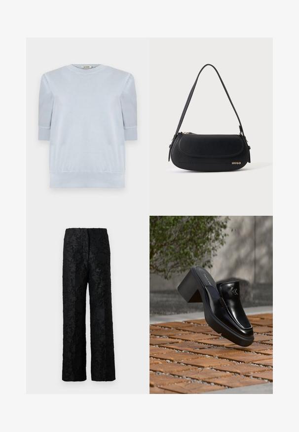 Pull-over léger bleu en tissu doux, avec des manches courtes, un col rond et des poignets et un ourlet côtelés. Texture lisse dans l'ensemble.; Pantalon noir avec un motif floral texturé, fabriqué dans un matériau doux, présentant une coupe ample à jambes larges et une taille haute.; Mule slip-on en cuir noir Calvin Klein avec talon bloc reposant sur des carreaux en bois à l'extérieur près d'une plante verte et d'un mur gris.; Sac à épaule en cuir noir avec rabat incurvé, logo doré "HUGO" sur le devant, et une bandoulière réglable.