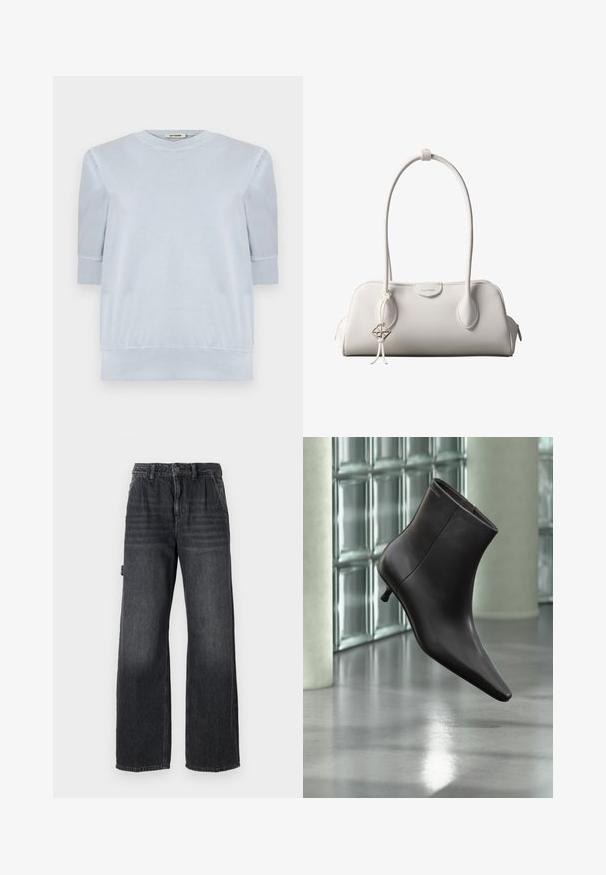 Pull-over léger bleu en tissu doux, avec des manches courtes, un col rond et des poignets et un ourlet côtelés. Texture lisse dans l'ensemble.; Jean large en denim gris foncé, avec une taille haute, des poches avant et un léger délavage sur les cuisses. Détail de couture contrastée.; Bottine en cuir noir avec bout pointu et petit talon, présentée devant un mur en blocs de verre et un sol poli.; Sac à bandoulière blanc Calvin Klein avec longues poignées, forme rectangulaire, fermeture éclair et charm logo décoratif suspendu près de la poignée.
