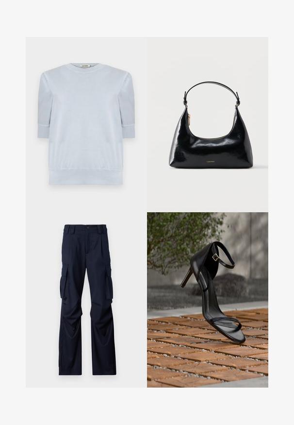 Pull-over léger bleu en tissu doux, avec des manches courtes, un col rond et des poignets et un ourlet côtelés. Texture lisse dans l'ensemble.; Pantalons cargo marine en tissu à texture lisse, dotés de deux poches latérales et d'une coupe straight-leg. Fermeture à boutons à la taille.; Sandale noire à talon haut avec sangle à la cheville, suspendue au-dessus d'un sol en carreaux de bois à l'extérieur, avec un arrière-plan flou de verdure et de pierre.; Sac à main Calvin Klein noir brillant avec fermeture éclair dorée et anse courte sur fond blanc uni.