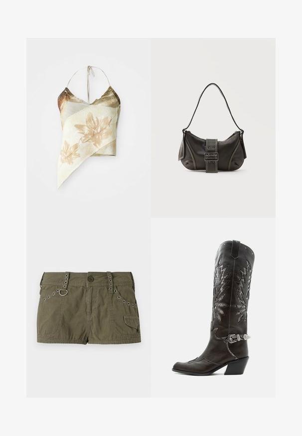 Crop top à imprimé floral asymétrique dans des tons beiges et olives atténués, doté d'une texture en maille, de liens autour du cou en halter et d'un design drapé.; Shorts vert olive en tissu léger, avec une taille ornée d'accents métalliques et des poches latérales. Surface texturée avec des détails de couture.; Botte de cowboy en cuir noir avec découpes décoratives, boucle argentée et talon incliné, présentée sur fond blanc.; Sac à épaule en cuir noir avec une sangle à boucle, des bords arrondis et des coutures blanches contrastées sur un fond uni.