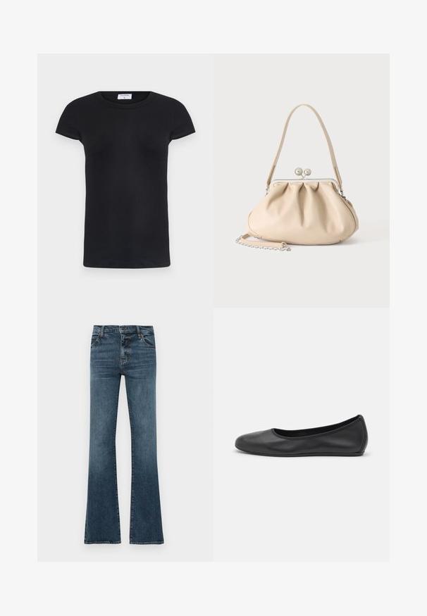 T-shirt noir à côtes avec un col rond et des manches courtes. Tissu doux avec une coupe ajustée, présentant une étiquette au niveau du cou.; Jean flare bleu en denim. Comprend cinq poches, des passants de ceinture, une fermeture éclair et une finition légèrement délavée. Coupe droite jusqu'aux genoux.; Ballerines en cuir noir avec un bout rond, texture lisse, détails de couture minimalistes et design de semelle flexible.; Sac à main en cuir souple beige avec un fermoir en métal argenté, une bandoulière simple et une bandoulière chaîne optionnelle sur fond blanc.