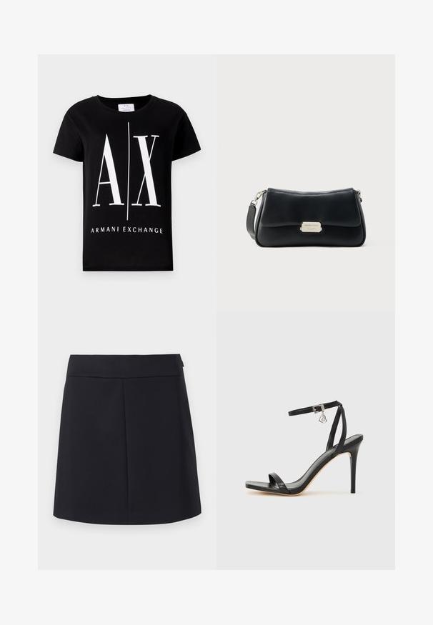 Schwarzes Baumwoll-T-Shirt mit einem großen weißen Logo "AX" und dem Schriftzug "ARMANI EXCHANGE". Klassischer Rundhalsausschnitt und kurze Ärmel.; Schwarzer Rock mit glatter Textur, geradem Schnitt, ohne sichtbare Muster und breitem Bund. Einfaches Design, minimalistischer Stil.; Schwarze High-Heel-Sandale mit schmalem Knöchelriemen, quadratischer Zehenbox, glattem Leder und metallischem Schnallenakzent.; Schwarze Leder-Schultertasche mit geschwungener Form, ausgestattet mit einer goldfarbenen Metallplakette und einem abnehmbaren Schulterriemen. Glatte Textur.
