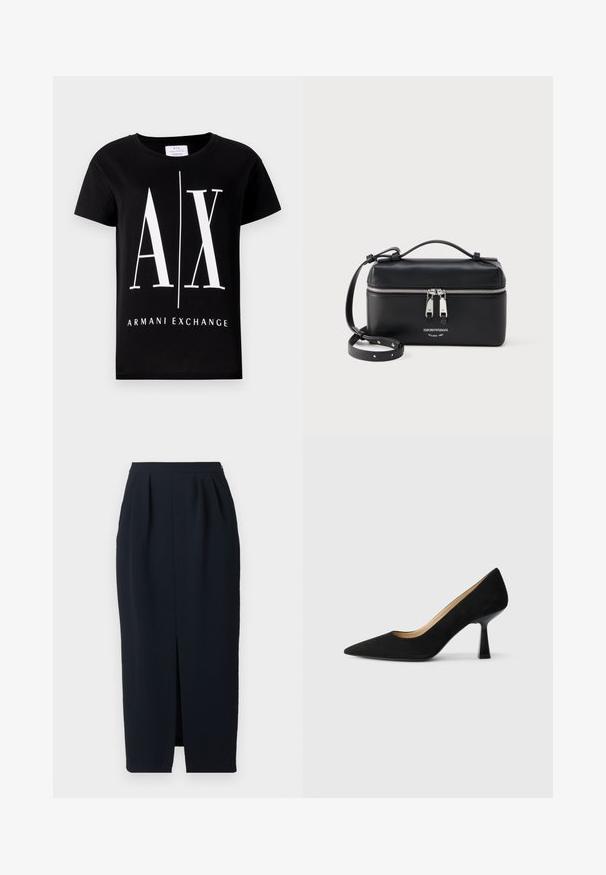 Schwarzes Baumwoll-T-Shirt mit einem großen weißen Logo "AX" und dem Schriftzug "ARMANI EXCHANGE". Klassischer Rundhalsausschnitt und kurze Ärmel.; Schwarzer hochtaillierter Midirock mit vorderen Falten und Mittelspalte, taillierte Passform und Seitentaschen auf einem einfarbigen Hintergrund.; Schwarze Wildleder-Pumps mit hohem Absatz und spitzer Zehenform, ausgestattet mit einem glänzenden schwarzen Blockabsatz und einem glatten Innenfutter.; Schwarze rechteckige Leder-Umhängetasche mit silbernem Doppelreißverschluss und verstellbarem Gurt, versehen mit dem Emporio Armani-Logo und dem Text Milano 1981.