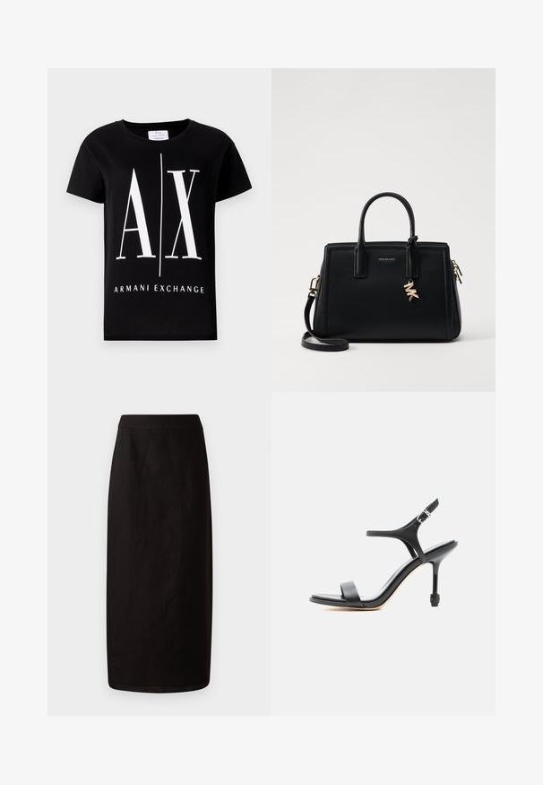 Musta puuvillapaita, jossa on suuri valkoinen logo "AX" ja "ARMANI EXCHANGE" -teksti. Klassinen pyöreä kaula-aukko ja lyhyet hihat.; Musta midi-hame kevytmateriaalista. Ominaisuuksiin kuuluu suora siluetti, sileä tekstuuri ja yksinkertainen vyötärönauha ilman koristeita.; Musta nahkainen korkokengän sandaali, jossa ohuet hihnat, avoin varvasosa ja säädettävä nilkkahihna, esillä yksinkertaisen valkoisen taustan edessä.; Musta nahkalaukku, jossa on jämäkkä muotoilu, kaksinkertaiset ylätangot, irrotettava olkahihna, kultalevjät ja logokoru koristeena.