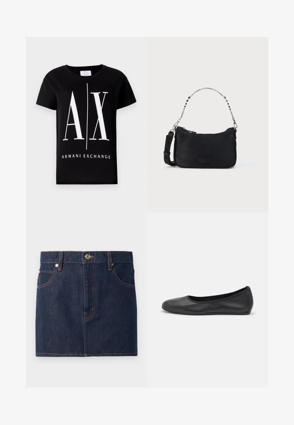 Schwarzes Baumwoll-T-Shirt mit einem großen weißen Logo "AX" und dem Schriftzug "ARMANI EXCHANGE". Klassischer Rundhalsausschnitt und kurze Ärmel.; Denimrock in dunkelblau mit hellorangen Nähten, ausgestattet mit einem Fünf-Taschen-Design, Metallknopfverschluss und geradem Saum.; Schwarze Leder-Ballettschuhe mit abgerundeter Spitze, glatter Textur, minimalen Nähdetails und einem flexiblen Sohlen-Design.; Schwarze Stoff-Schultertasche mit Reißverschluss oben, Ketten- und Lederriemen sowie einem strukturierten Logo-Patch auf der Vorderseite. Verfügt über eine glatte Außenseite.
