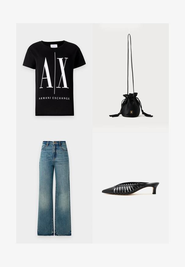 Schwarzes Baumwoll-T-Shirt mit einem großen weißen Logo "AX" und dem Schriftzug "ARMANI EXCHANGE". Klassischer Rundhalsausschnitt und kurze Ärmel.; Hellblaue, weite Denim-Jeans im Vintage-Stil mit hoher Taille, fünf Taschen und leicht ausgefransten Säumen, die eine strukturierte, verblasste Optik zeigen.; Schwarze Leder-Mule mit spitzer Schuhspitze, Riemchen-Design und niedrigem Kittenheel auf weißem Hintergrund.; Schwarze Bucket Bag mit Kordelzug, langem dünnem Riemen und kleinem goldenem quadratischem Logo vorne, vor einfachem Hintergrund präsentiert.