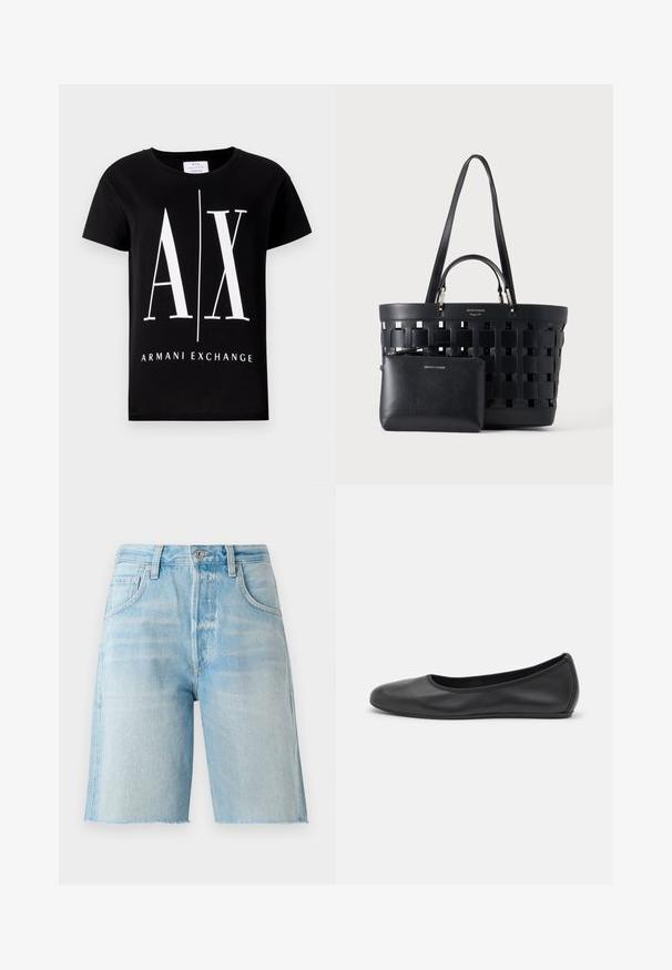 Schwarzes Baumwoll-T-Shirt mit einem großen weißen Logo "AX" und dem Schriftzug "ARMANI EXCHANGE". Klassischer Rundhalsausschnitt und kurze Ärmel.; Helle blaue Denim-Shorts mit hoher Taille, fünf Taschen und einem rohen Saum. Weicher Stoff und klassischer Schnitt, geeignet für legere Outfits.; Schwarze Leder-Ballettschuhe mit abgerundeter Spitze, glatter Textur, minimalen Nähdetails und einem flexiblen Sohlen-Design.; Schwarze gewebte Tragetasche mit doppelten Griffen und einer kleinen passenden Reißverschlusstasche vorne, beide aus Leder gefertigt.