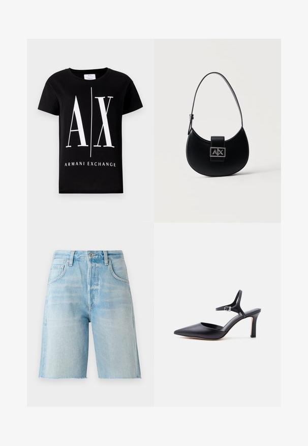 Schwarzes Baumwoll-T-Shirt mit einem großen weißen Logo "AX" und dem Schriftzug "ARMANI EXCHANGE". Klassischer Rundhalsausschnitt und kurze Ärmel.; Helle blaue Denim-Shorts mit hoher Taille, fünf Taschen und einem rohen Saum. Weicher Stoff und klassischer Schnitt, geeignet für legere Outfits.; Schwarzer spitzer High Heel mit dünnem Knöchelriemen und silberner Schnalle, glatte Lederoberfläche, eleganter Damenschuh.; Schwarze, halbmondförmige Handtasche mit einem verstellbaren Trageriemen und einem silbernen A|X-Logoschloss auf der Vorderklappe.