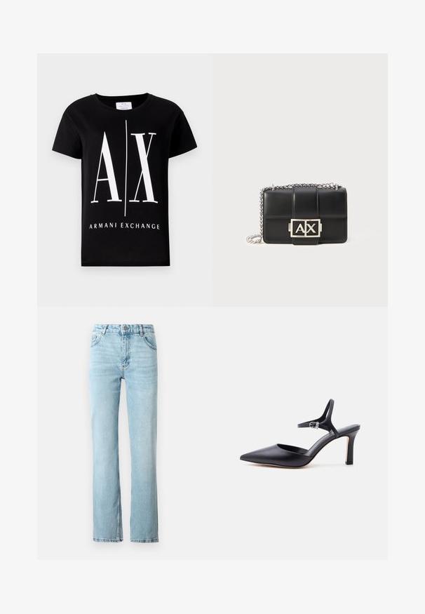 Schwarzes Baumwoll-T-Shirt mit einem großen weißen Logo "AX" und dem Schriftzug "ARMANI EXCHANGE". Klassischer Rundhalsausschnitt und kurze Ärmel.; Hellblaue Jeans aus Denim mit geradem Schnitt, fünf Taschen-Design und einem leichten Schlag am Saum. Abgerundet mit kontrastierenden Nähten.; Schwarzer spitzer High Heel mit dünnem Knöchelriemen und silberner Schnalle, glatte Lederoberfläche, eleganter Damenschuh.; Schwarze Lederhandtasche mit gestepptem Design, silberner Kettenriemen und einem auffälligen silbernen "AX"-Logo auf der Vorderseite. Kompakte rechteckige Form.