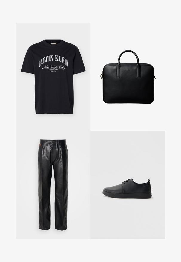 Μαύρο T-shirt με κοντά μανίκια και λευκό κείμενο "Calvin Klein New York City Established in 1968" τυπωμένο στο κέντρο εμπρός.; Μαύρο δερμάτινο παντελόνι με ίσια γραμμή. Διαθέτει κλείσιμο με κουμπί και μπροστινές τσέπες, με την ανάδειξη λείας υφής και ελάχιστης ραφής.; Μαύρο δερμάτινο αθλητικό παπούτσι με λεία επιφάνεια, στρογγυλή μύτη, τονικό ράψιμο, κορδόνια μπροστά και επίπεδη καουτσούκ σόλα. Βρόχος στην πτέρνα.; Μαύρη δερμάτινη τσάντα με υφή, με διπλές λαβές και ασημένια φερμουάρ, στο κέντρο σε λευκό φόντο.