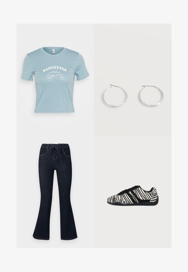 Lyseblå kortærmet T-shirt lavet af bomuld med en hvid grafisk tekst "BAGUETTES DE LA BOULANGERIE" og et krydset baguette-design.; Mørkeblå flare-jeans med snørelukning foran og forlommer, vist fladt mod en ensfarvet baggrund.; Sort-hvid snørebåndssneaker med zebra-stribemønster og tekstureret sort sål på en ensartet lys baggrund.; Sølvfarvede metaloorringe med glat, let buet overflade og låsemekanisme på en ensfarvet hvid baggrund.