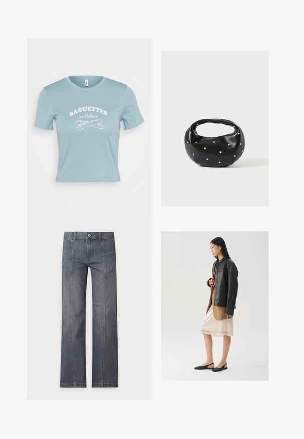 Lyseblå kortærmet T-shirt lavet af bomuld med en hvid grafisk tekst "BAGUETTES DE LA BOULANGERIE" og et krydset baguette-design.; Grå straight-leg denim jeans med detalje ved frontsyning, bæltestropper og knaplukning på en ensartet lys baggrund.; Sort læderjakke over en brun top, kombineret med en lys cremefarvet slipkjole med blondekant og sorte slingback-sko.; Sort læderhåndtaske med en rundet form, dekoreret med sølvnitter, og et kort håndtag. Glat tekstur og lynlåslukning.