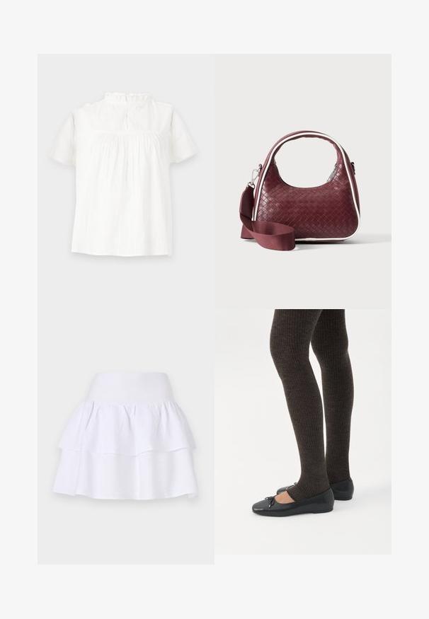 Blouse blanche à manches courtes avec un col froncé, une texture subtile et une coupe décontractée. La fermeture au dos présente un détail de boucle et de bouton.; Jupe blanche à volants en tissu léger, avec un design ample, dotée d'une taille élastique et de deux couches froncées.; Jambes portant des leggings côtelés foncés associés à des ballerines noires avec de petits détails en nœud sur fond blanc.; Sac à main en cuir tressé marron foncé avec poignée courbée, garniture blanche, fermeture éclair argentée et bandoulière large en tissu amovible sur fond uni.