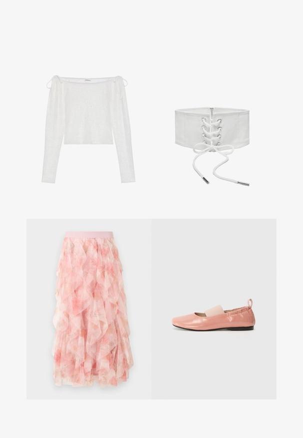 Hvid off-the-shoulder top med lange ærmer, lavet af tekstureret stof, har bindebånd på ærmerne og en lige nederste kant.; Pink lagdelt tyll midi nederdel med blomsterprint og elastisk taljebånd, med bløde flæseteksturer.; Lyserøde syntetiske flade sko med en skinnende overflade, firkantet tå og et blødt elastikbånd hen over vristen. Sort gummisål og bageste trækflap.; Bredt hvidt korsetbælte med frontsnøring, metaløjer og lynlåslukning, vist mod en ensfarvet hvid baggrund.