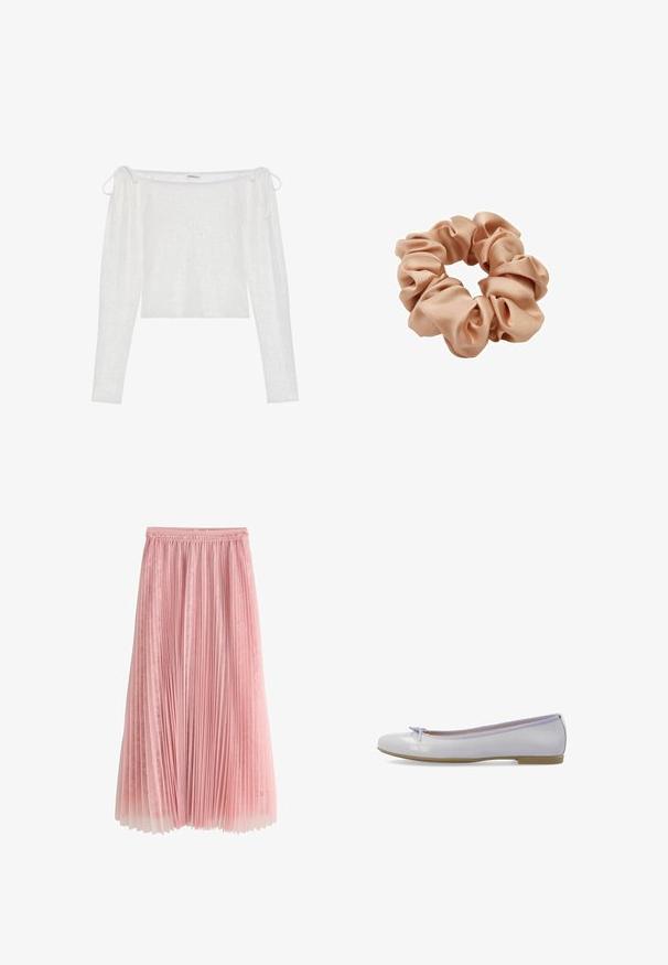 Top blanco tipo off-the-shoulder con mangas largas, confeccionado en tela texturizada, presenta cierres tipo lazo en las mangas y un dobladillo recto.; Falda midi plisada rosa con una capa inferior de encaje y cinturilla fruncida, mostrada sobre un fondo blanco.; Bailarinas de cuero morado con punta redondeada, lazo decorativo en la parte delantera y suela de goma plana. Textura suave, diseño sencillo.; Coletero de satén beige con bucles de tela suaves recogidos que forman un accesorio para el cabello circular sobre un fondo blanco.