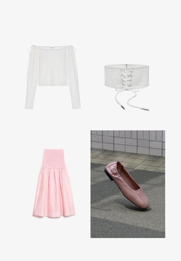 Hvid off-the-shoulder top med lange ærmer, lavet af tekstureret stof, har bindebånd på ærmerne og en lige nederste kant.; Lyserød midi-nederdel med struktureret stof, smocket høj talje og opsamlet vidde nederst.; Lyserød flad lædersko med elastisk hælkappe svævende over grå asfaltbund, flisevæg i baggrunden.; Bredt hvidt korsetbælte med frontsnøring, metaløjer og lynlåslukning, vist mod en ensfarvet hvid baggrund.