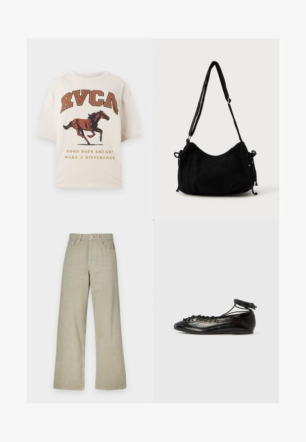 T-shirt beige à manches courtes avec le texte "RVCA", un graphisme de cheval au galop, et les phrases « De beaux jours à venir ! Faites la différence » en lettres dorées.; Jeans larges en khaki en mélange de coton. Comprend une fermeture à bouton, cinq poches et une finition en tissu propre et texturé.; Ballerines en cuir verni noir avec un bout rond, un design à lacets et une semelle plate. Texture lisse avec peu de détails.; Sac à épaule en velours côtelé noir avec une forme courbée, bandoulière réglable et fermetures à cordon des deux côtés pour un ajustement de taille.