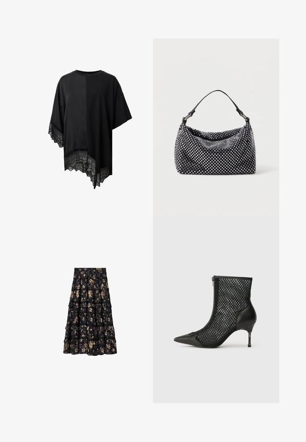 Haut noir à manches courtes avec un ourlet asymétrique et une bordure en dentelle en bas. Fabriqué en tissu léger avec une texture lisse.; Jupe midi noire à volants avec imprimé floral beige et blanc et coutures froncées.; Bottines noires avec un bout pointu, des côtés en maille, un contrefort en cuir et un talon aiguille fin avec un détail métallique géométrique.; Sac noir et argent avec une surface tissée et texturée présentant des motifs carrés, une seule poignée supérieure et un design décontracté.