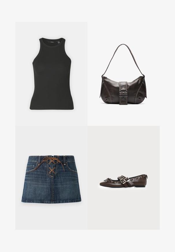 Top negro de canalé con escote alto y diseño sin mangas. Presenta una silueta ajustada y una textura suave.; Mini falda vaquera en denim azul oscuro con bolsillos frontales y un detalle de cordones marrones en la cintura.; Zapato plano de cuero marrón oscuro con puntera puntiaguda, doble hebilla plateada, ojales metálicos y lazo decorativo en la parte delantera.; Bolso de hombro de cuero marrón con forma curva, que presenta un prominente detalle de hebilla, costuras en contraste y una sola correa para el hombro.