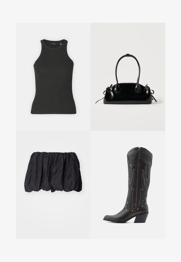 Débardeur noir à côtes avec un col haut et sans manches. Présente une silhouette ajustée et une texture douce.; Haut en tissu noir froissé avec une taille élastiquée, présentant une surface texturée et un design froncé pour une silhouette volumineuse.; Bottes de cowboy en cuir marron avec surpiqûres en forme de flammes, fermeture éclair latérale, clous argentés, bout pointu et talon superposé.; Petit sac à main noir brillant avec deux longues anses et des détails à cordon sur les côtés sur un fond clair uni.