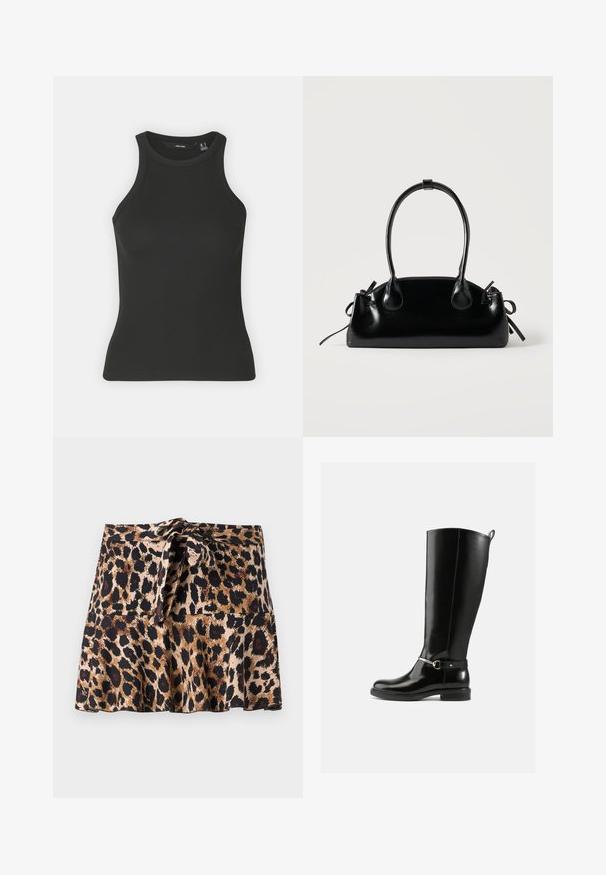 Top negro de canalé con escote alto y diseño sin mangas. Presenta una silueta ajustada y una textura suave.; Minifalda de estampado de leopardo hecha de una tela suave, con un diseño acampanado, cinturilla atada y manchas negras y marrones en contraste sobre un fondo beige.; Botas negras hasta la rodilla hechas de cuero brillante, con un detalle de hebilla plateada en el tobillo y un diseño de punta redondeada. Suela plana.; Pequeño bolso negro brillante con dos asas largas y detalles de cordón lateral sobre un fondo claro liso.