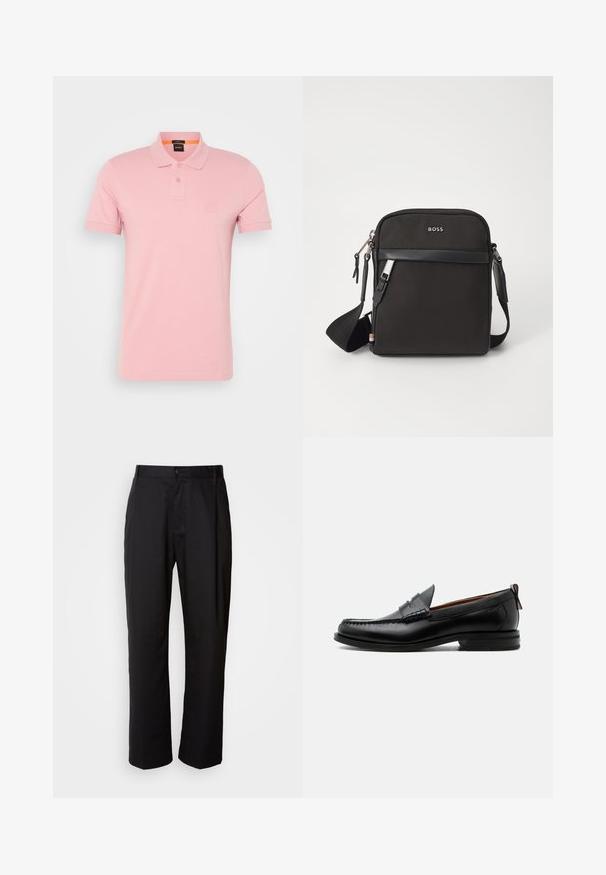 Roze polo shirt van katoen, met een omgeslagen kraag, twee knoopsluitingen en een subtiele logo op de borst. Korte mouwen.; Zwarte broek met een rechte snit, gemaakt van lichtgewicht stof. Heeft een frontale knoopsluiting en twee zijzakken; gladde textuur.; Zwarte leren herensloffen met moc toe stiksel, pennyriem, gestructureerde kraag en lage gestapelde hak op witte achtergrond.; Zwarte schoudertas van textuurstof, met logo aan de voorkant, ritssluiting en verstelbare schouderband. Voorzien van een gladde leren rand.