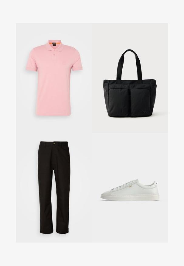 Roze polo shirt van katoen, met een omgeslagen kraag, twee knoopsluitingen en een subtiele logo op de borst. Korte mouwen.; Zwarte katoenen broek met een rechte snit, riemlussen, een ritssluiting aan de voorkant en een enkele knoopsluiting. Soepele textuur zonder zichtbare patronen.; Witte lage leren sneaker met veters, platte zool en klein gouden "BOSS" logo aan de zijkant, gezien vanaf de buitenkant.; Zwarte tote bag met een zachte stoffen constructie, twee voorvakken en stevige handvatten. Logo aan de zijkant weergegeven. Eenvoudig, functioneel ontwerp.