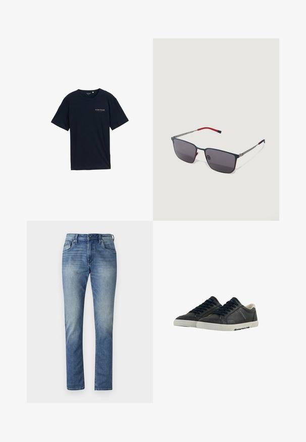 Navyblauwe katoenen T-shirt met een ronde halslijn en korte mouwen. Kenmerkt zich door een klein rood tekstlogo op de borst. Regular fit, soepele textuur.; Lichtblauwe denim jeans met een rechte snit, vijf zakken en een vervaagde wassing. Heeft een knoopsluiting en riemlussen.; Marine leren sneakers met witte rubberen zolen, ronde neus en zwarte veters. Subtiele texturen en branding aan de zijkanten. Casual ontwerp.; Rechthoekige donkere zonnebril met een zwart en rode rand en dunne metalen pootjes, voorzien van een klein vlaglogo nabij de scharnieren.