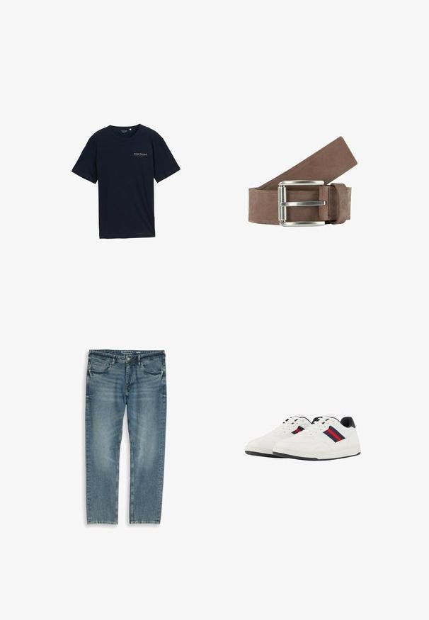 Marineblå bomulds T-shirt med rund halsudskæring og korte ærmer. Har et lille rødt tekstlogo ved brystet. Regular fit, glat tekstur.; Blå denimjeans med fem lommer, lynlås, knaplukning og afslappet pasform i størrelse 32/32, lagt fladt mod en hvid baggrund.; TOM TAILOR Sneakers - white navy; Brun læderbælte med en mat finish, der har en sølv metal spænde og et fladt design. Bæltet har synlige sting langs kanterne.