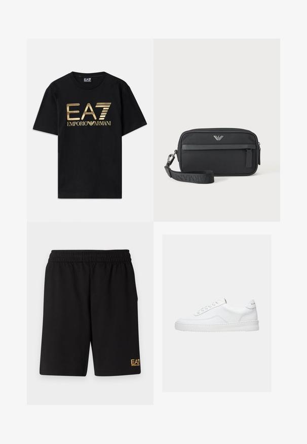 Sort bomulds t-shirt med korte ærmer, med et guldtryk af "EA7 EMPORIO ARMANI" logoet på forsiden. Enkelt design, rund hals.; Sorte atletiske shorts lavet af blødt stof, med en elastisk talje og et lille gult EA7-logo nederst på venstre ben.; Hvid lavt sneaker med snørelukning, glat læderoverdel og tyk sål, vist fra siden på en ensfarvet baggrund.; Sort rektangulær håndledstaske med frontlynlåslomme, sølvlogoemblem og aftagelig rem med mærket tekst.