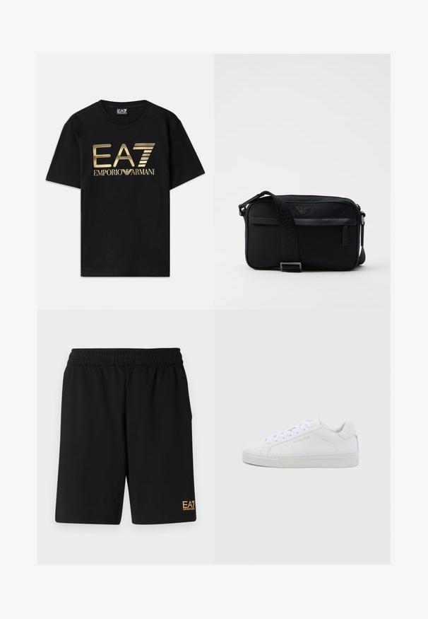 Čierne bavlnené tričko s krátkymi rukávmi, s potlačou zlatého loga "EA7 EMPORIO ARMANI" na prednej strane. Jednoduchý dizajn, okrúhly výstrih.; Čierne športové šortky vyrobené z jemného materiálu, s elastickým pásom a malým žltým logom EA7 na dolnej ľavej nohe.; Biele kožené nízke tenisky s okrúhlou špičkou, plochými tkaničkami, štruktúrovanou podrážkou a jemným zlatým logom na boku. Hladký povrch a minimalistický dizajn.; Čierna nylonová taška cez rameno so kontrastným popruhom, štýlovým obdĺžnikovým tvarom, detailom loga a zipsovou kapsou na prednej strane.